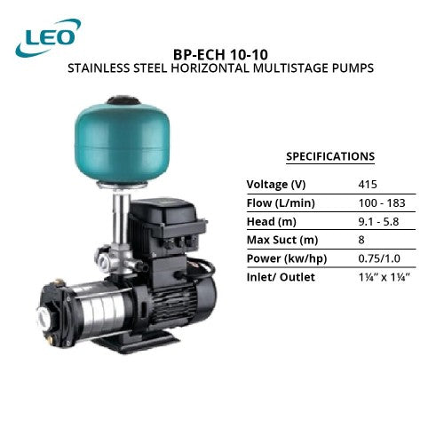 Leo BP-ECH 10-10 Stainless Steel 304 Horizontal Multistage Pump 0.75KW 1.0HP